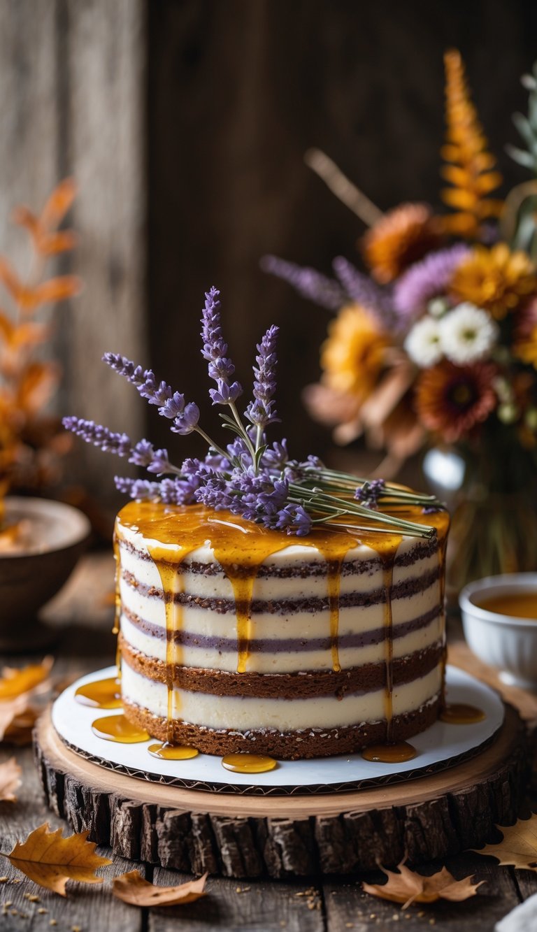 A honey lavender cake drizzled with warm maple syrup, surrounded by autumn leaves and rustic decorations.